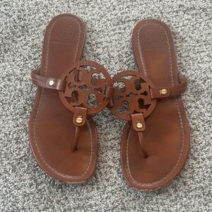 Tory Burch Brown Leather Logo Thong Sandals